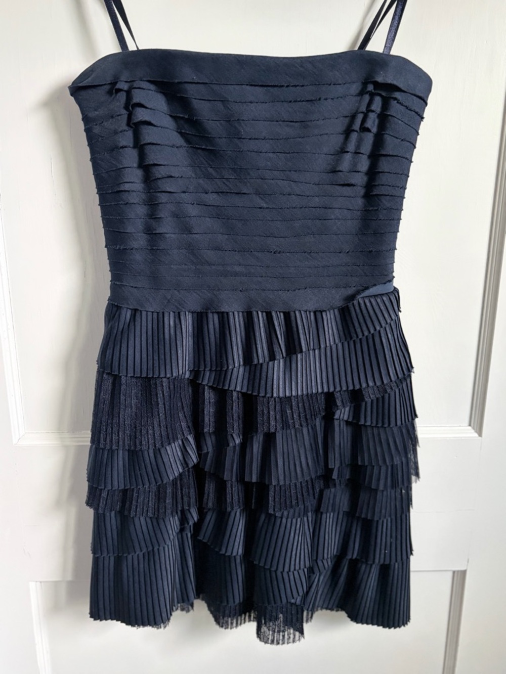 BCBGMaxAzria Navy Strapless Tiered Ruffle Mini Dress - 0